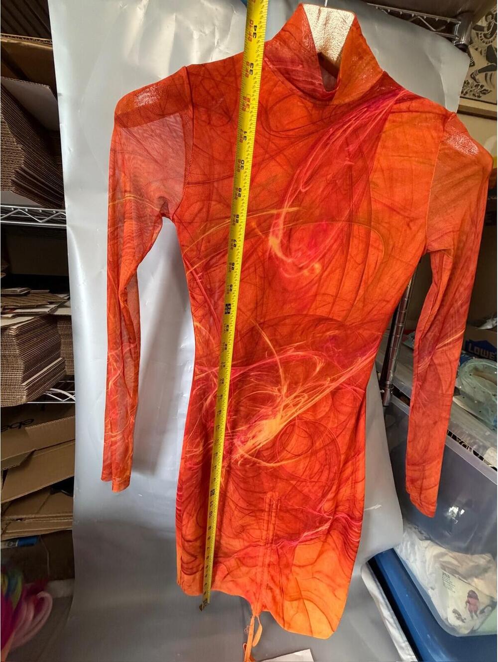 FARAI LONDON Mesh Ruched Turtleneck Long Sleeve Mini Dress Orange Print XS
